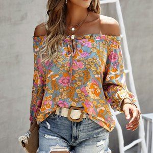 New Floral Print Off Shoulder Lantern Sleeve Knot Front Blouse